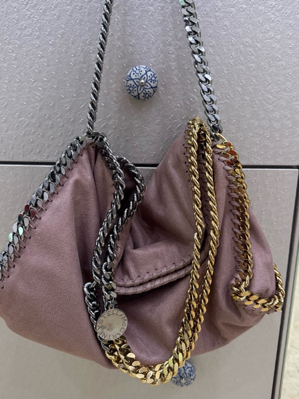 Stella McCartney Falabella Iconic Bag. Dusty Pink Chain-Trim, Gold and Silver